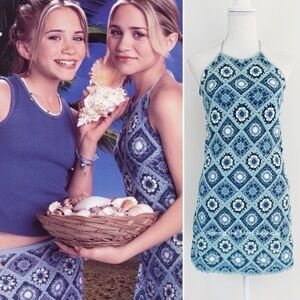 Very Rare Y2K Vintage Blue Floral Halter Knit Dress ASO Mary-Kate + Ashley Olsen